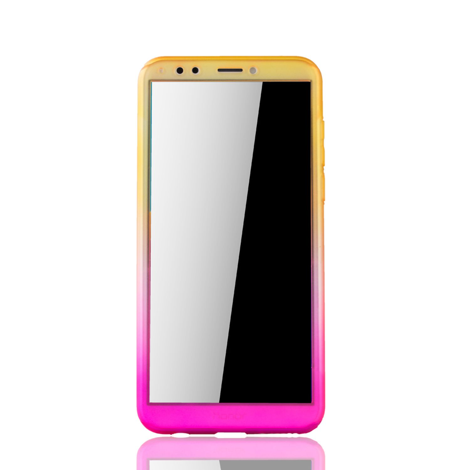 Telefon in einem Farbverlauf-Gehäuse. Pink zu Gelb. Der Telefonbildschirm ist weiß.