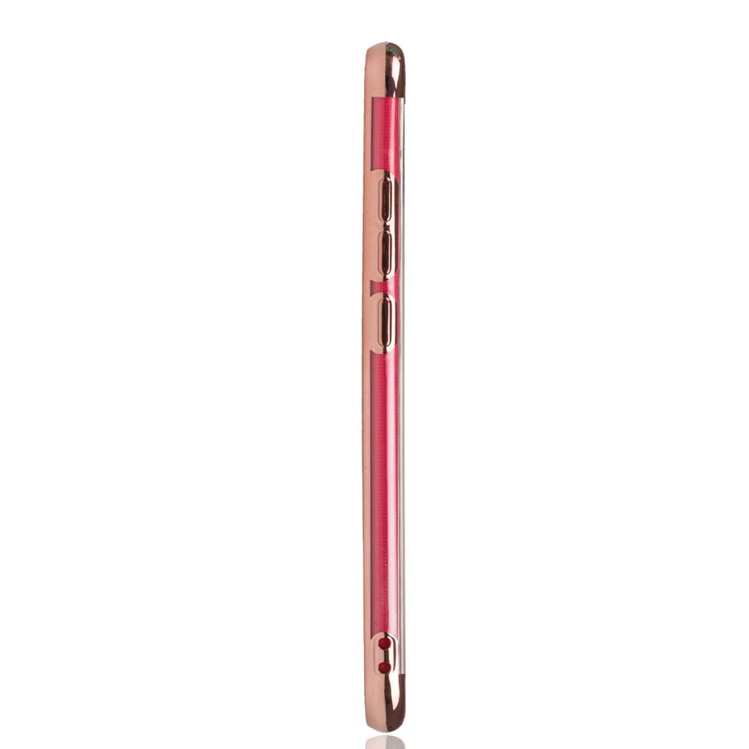 Roségoldene Handyhülle. Seitenansicht, mit sichtbaren Knöpfen und Anschlüssen. Weißer Hintergrund.