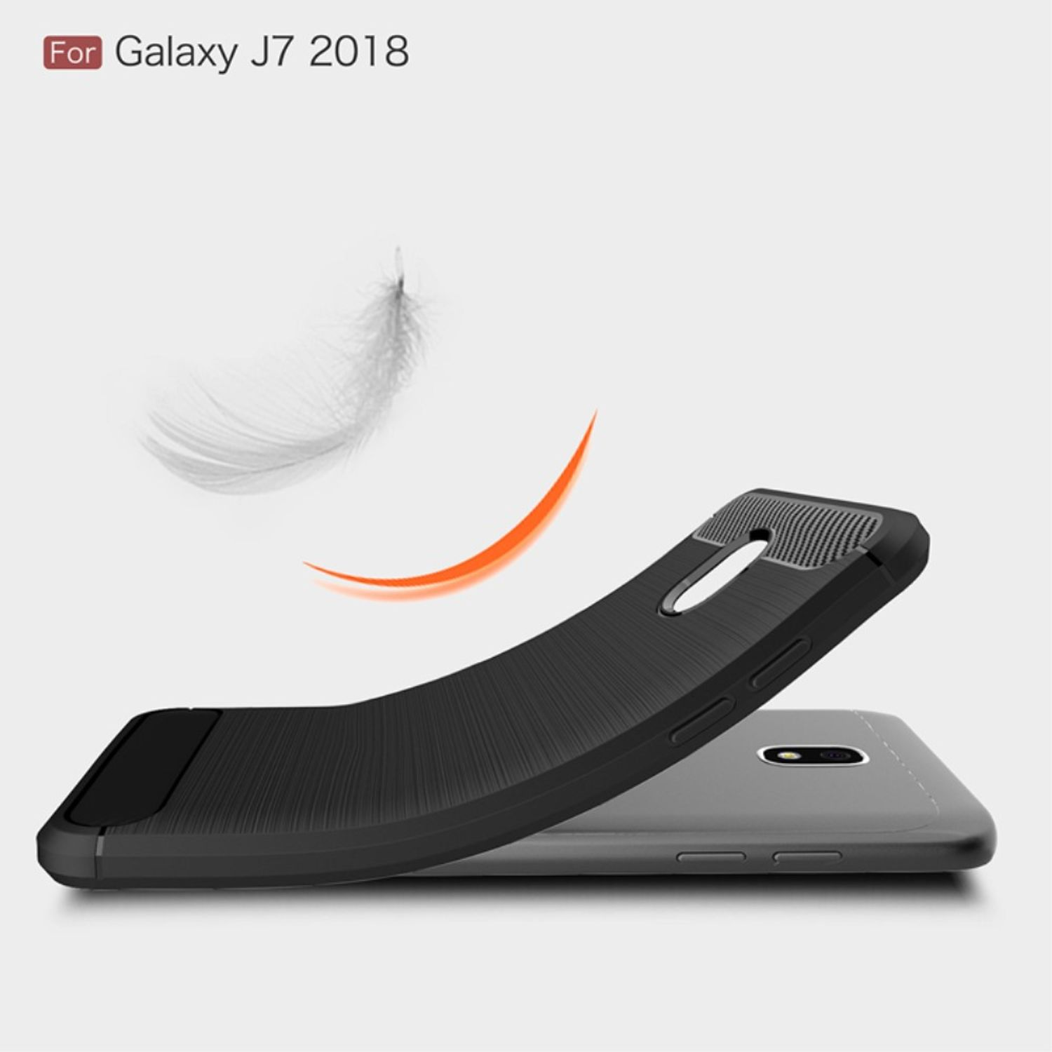 Eine schwarze Handyhülle auf einem grauen Telefon. Eine orangefarbene Kurve und eine Feder in der Luft.