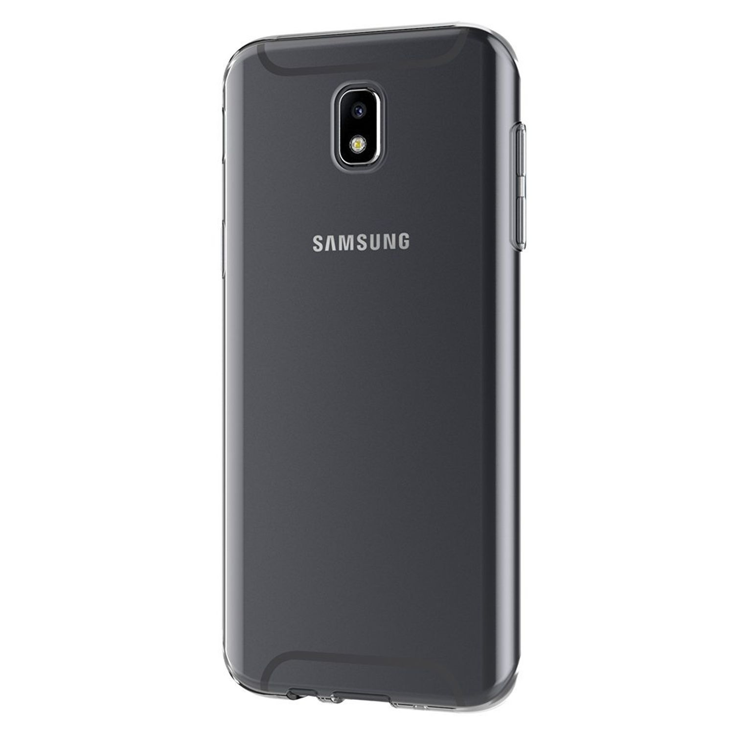 Graue Handyhülle für Samsung, mit Markennamen auf der Rückseite. Weißer Hintergrund.