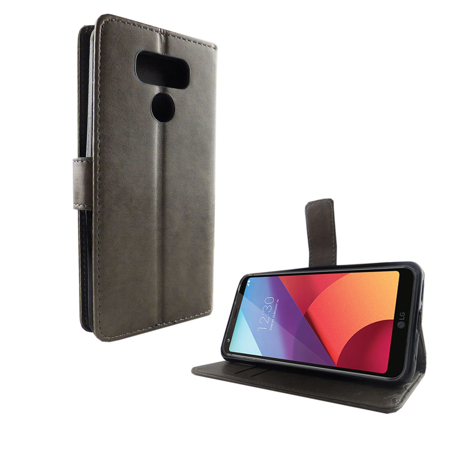 Telefon in grauem Lederetui, geöffnet, um den Bildschirm anzuzeigen. Das Etui steht auf weißem Grund.