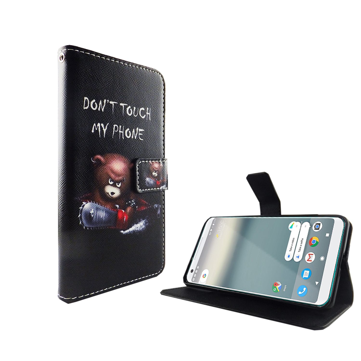 Schwarze Handyhülle mit Bär. Text: Don't touch my phone. Telefon im Case.