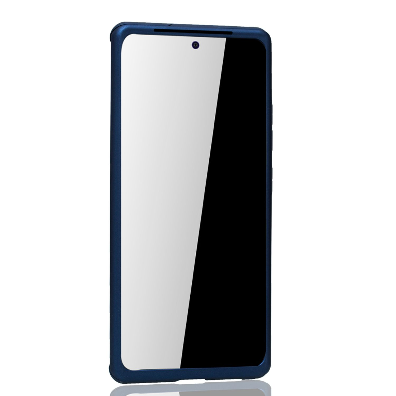 Smartphone mit dunkelblauer Hülle. Der Bildschirm ist schwarz mit Notch.