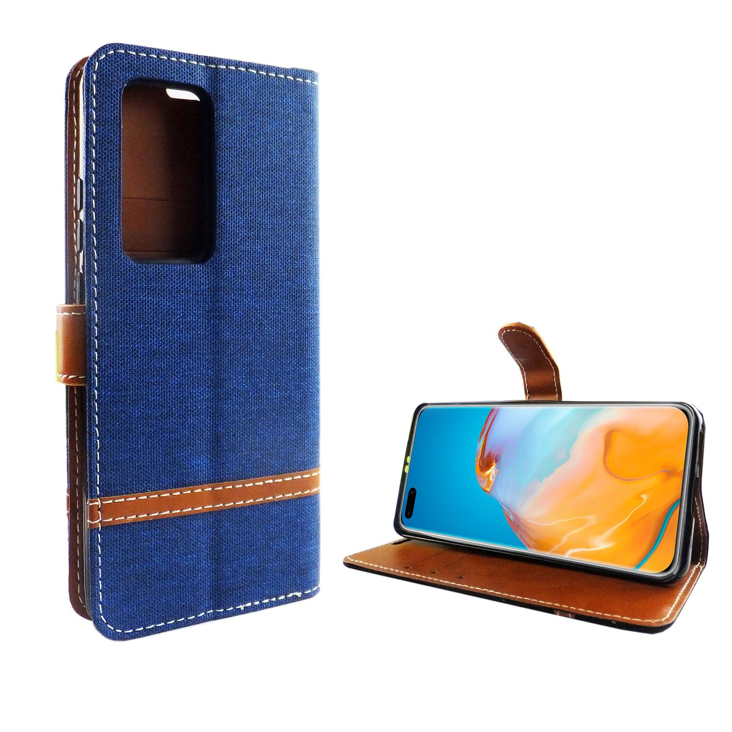 Ein blaues und braunes Handy-Case ist geöffnet und zeigt ein Telefon. Der Hintergrund ist weiß.