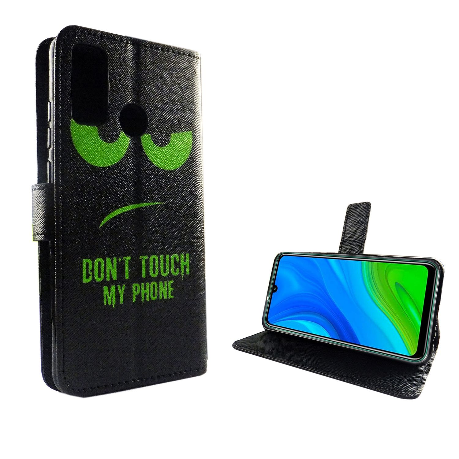 Schwarze Handyhülle mit grünem Gesicht und Text: Don't Touch My Phone.