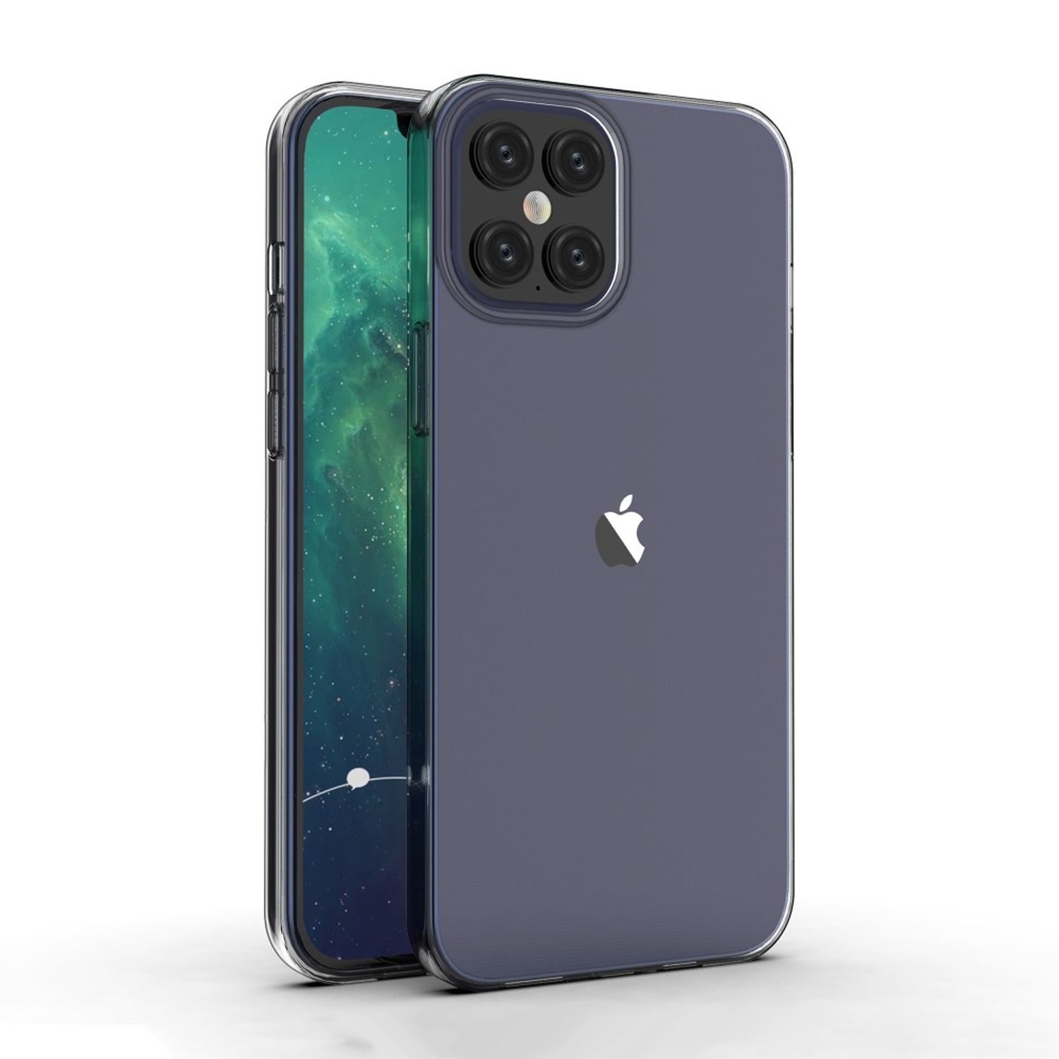 Transparente Handyhülle mit Telefon. Telefon hat Kamera und Apple-Logo. Weißer Hintergrund.