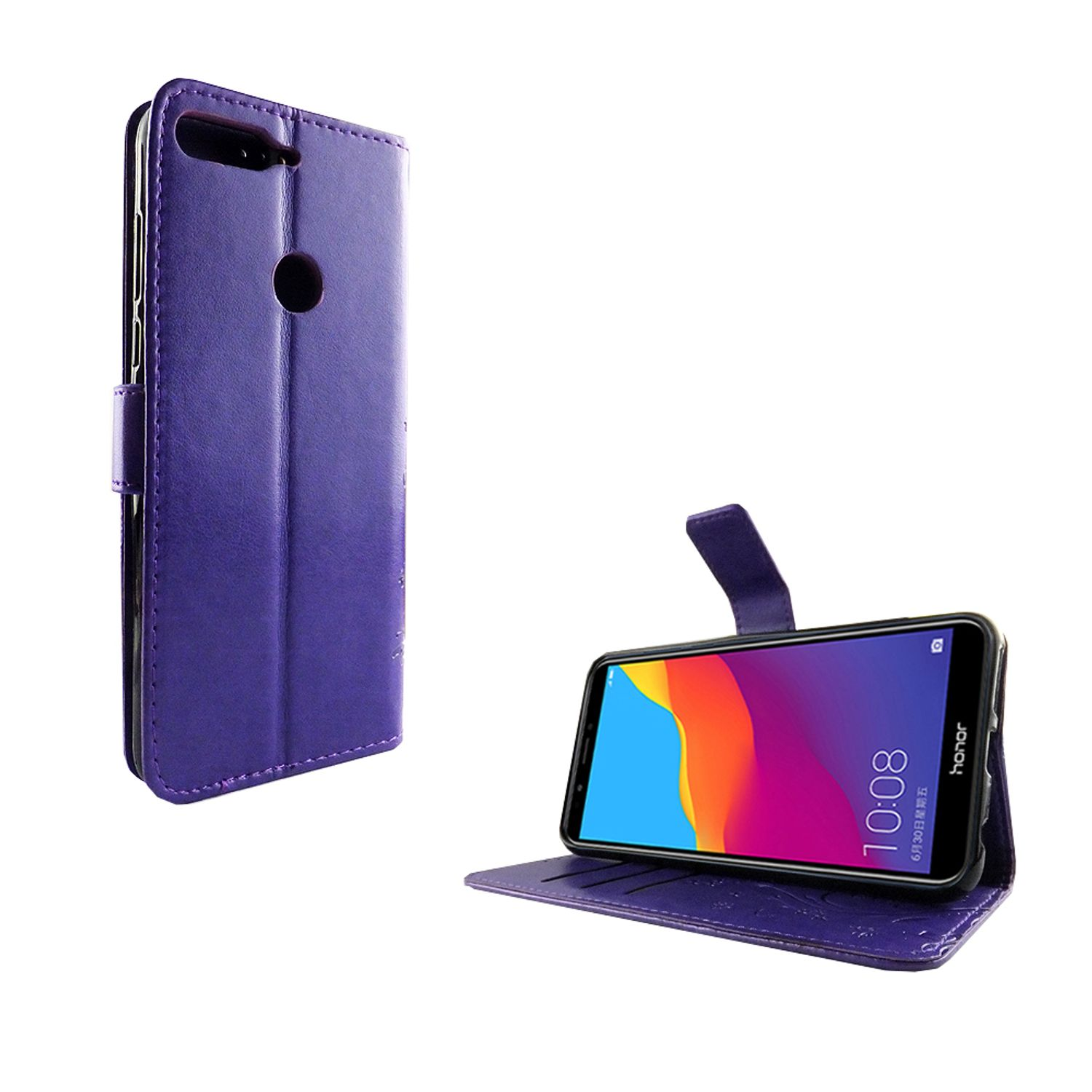 Eine lila Handyhülle ist geöffnet, mit einem Telefon darin. Das Telefon befindet sich auf weißem Hintergrund.
