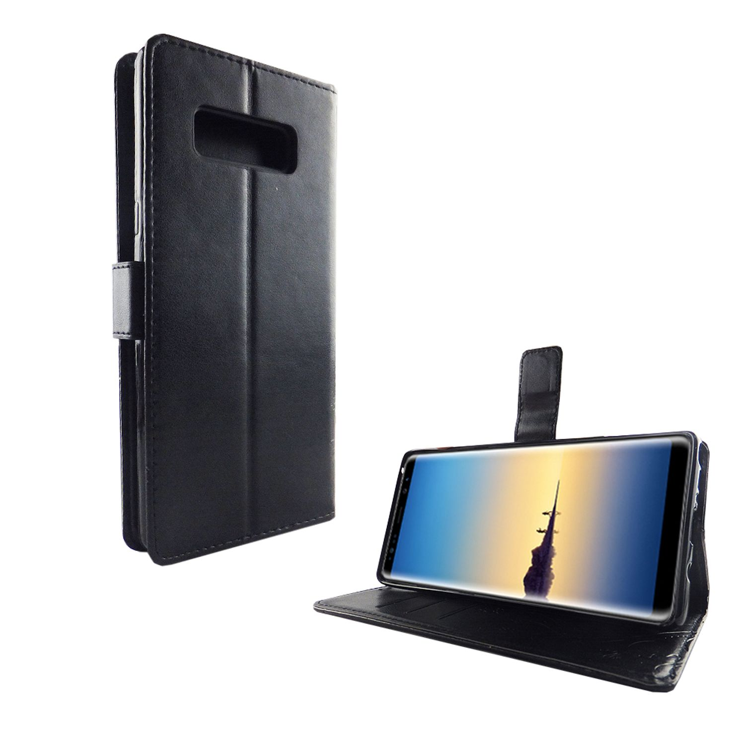 Schwarzes Telefon in schwarzer Hülle, offen, auf schwarzer Oberfläche.