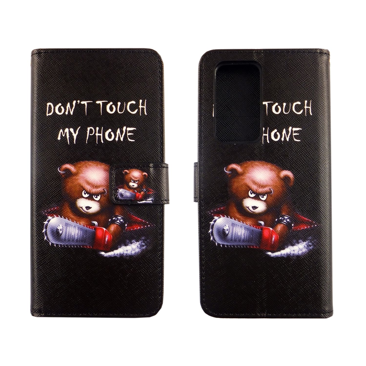 Handyhülle mit Cartoon-Bär mit Kettensäge. Text: 'Don't Touch My Phone' und 'Touch Hone'.