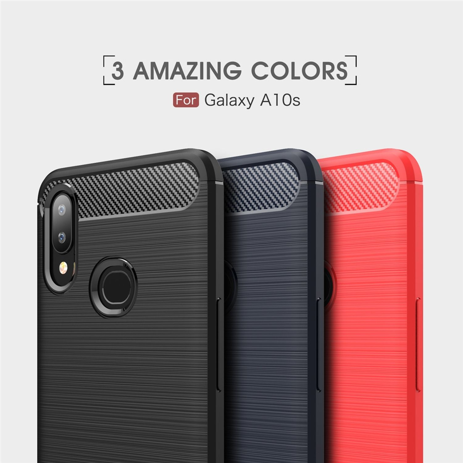Drei Handyhüllen in Schwarz, Marineblau und Rot. Die Hüllen haben ein strukturiertes Muster und sind für Galaxy A10s.