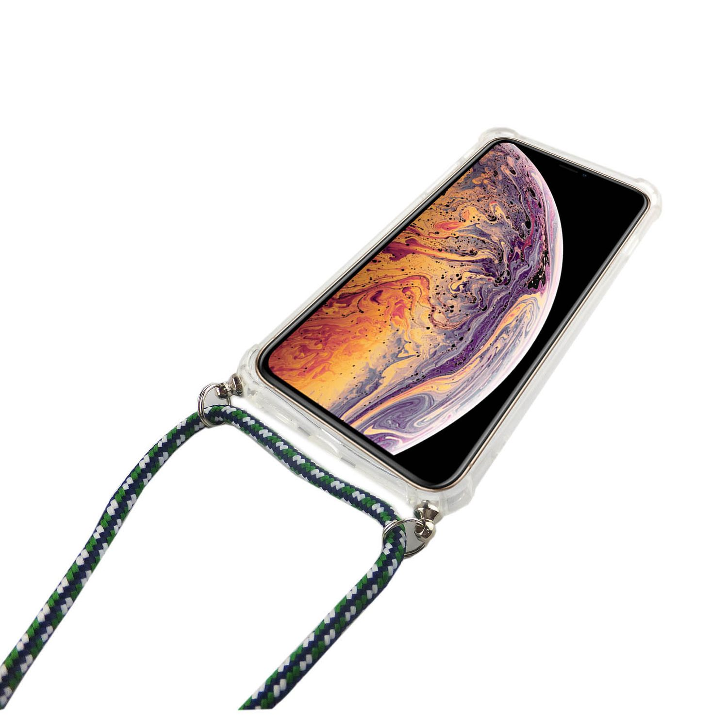 Telefon in einer durchsichtigen Hülle, mit grün-weißem Kabel. Weißer Hintergrund. Buntes Bild.