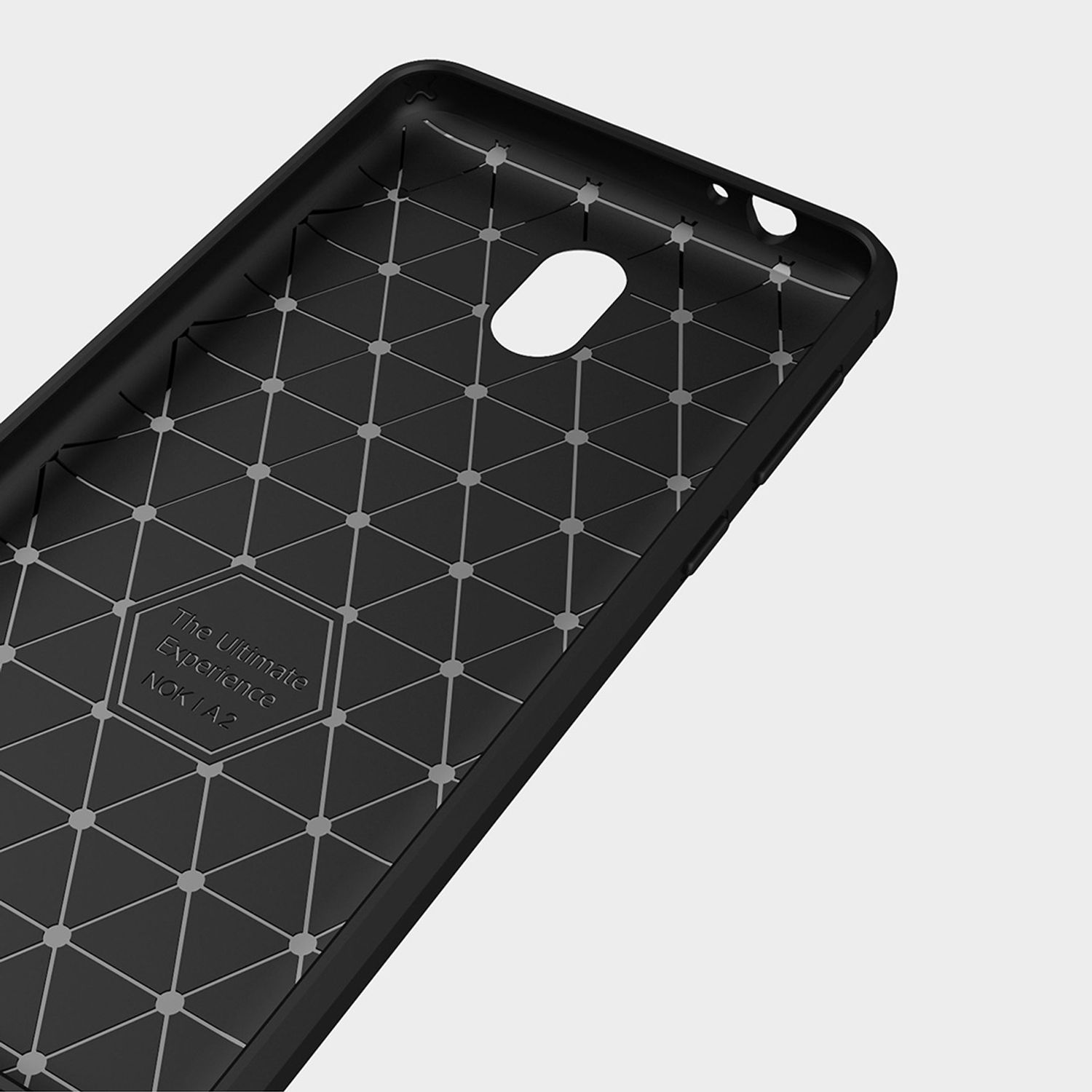 Schwarze Handyhülle mit geometrischem Muster. Der Text 'The Ultimate Experience' ist sichtbar.