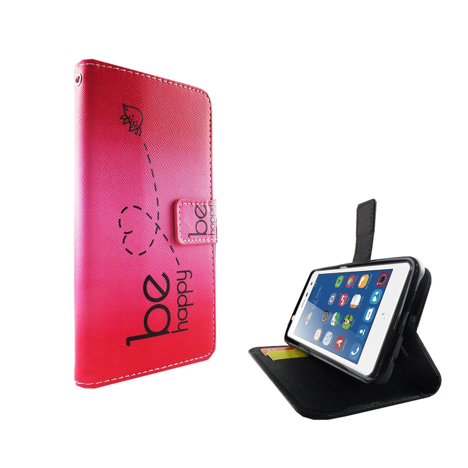 Eine pinke Handyhülle mit weißem Design und den Worten "be happy". Ein Telefon ist in der Hülle.