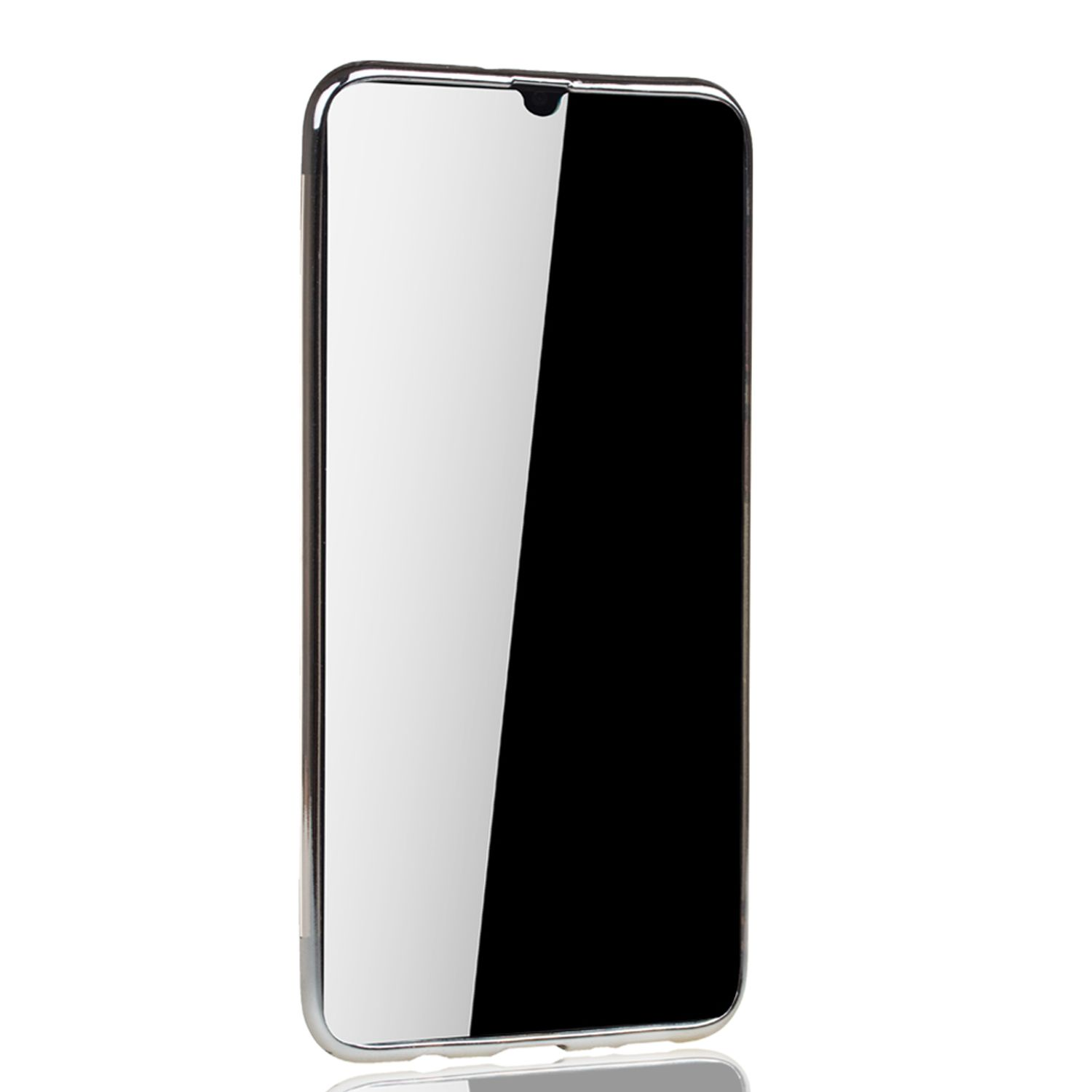 Ein Telefon mit silbernem Rahmen und schwarzem Bildschirm, zur Kamera gewandt, auf weißem Hintergrund.