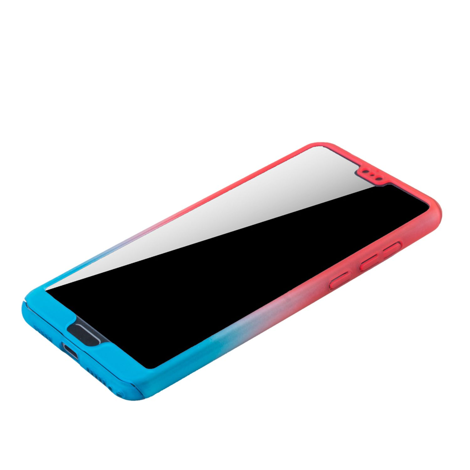 Handyhülle mit blauem und roten Farbverlauf, zeigt ein Telefon mit schwarzem Bildschirm.