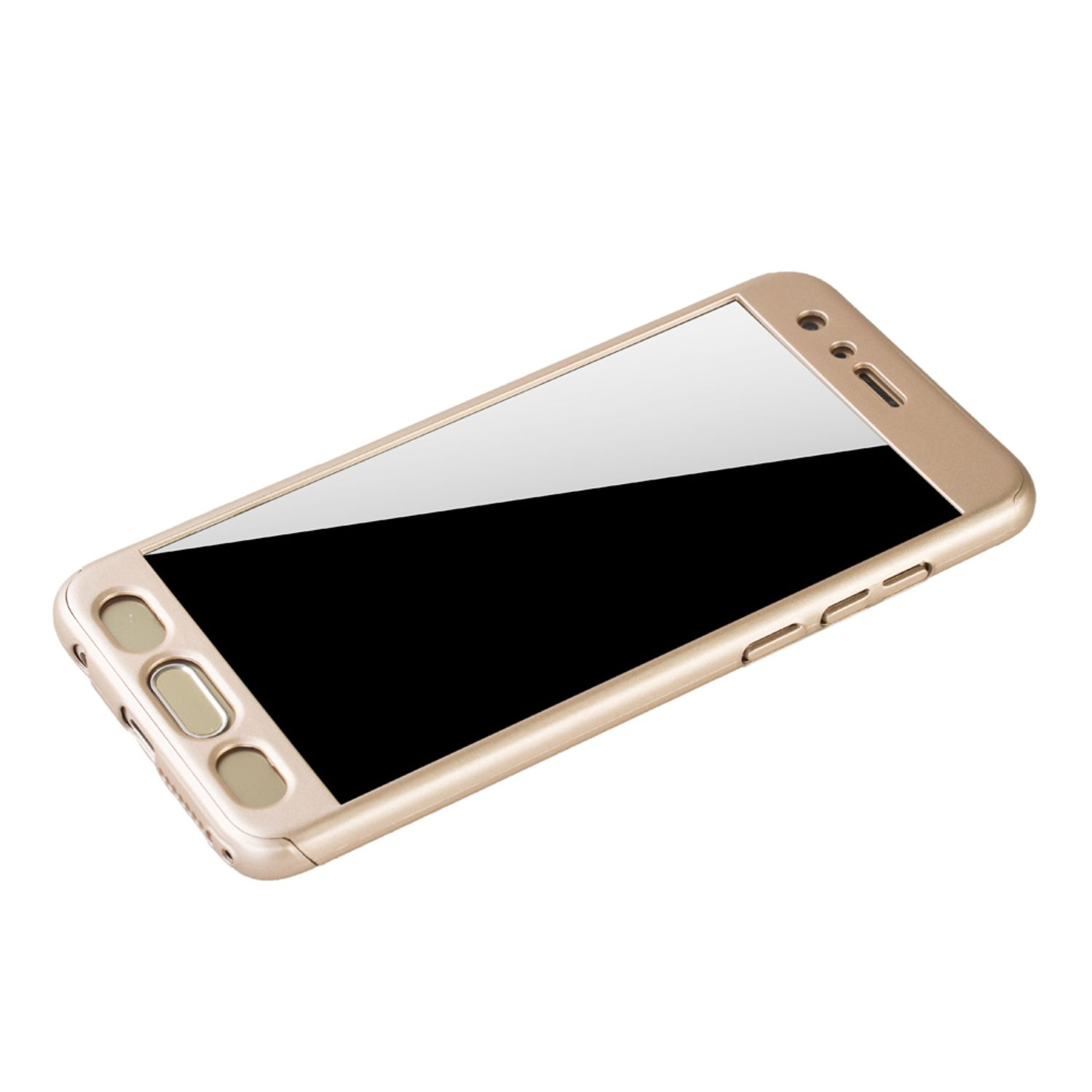 Goldene Handyhülle mit Telefon innen. Weißer Bildschirm. Weißer Hintergrund. Telefon ist angewinkelt.
