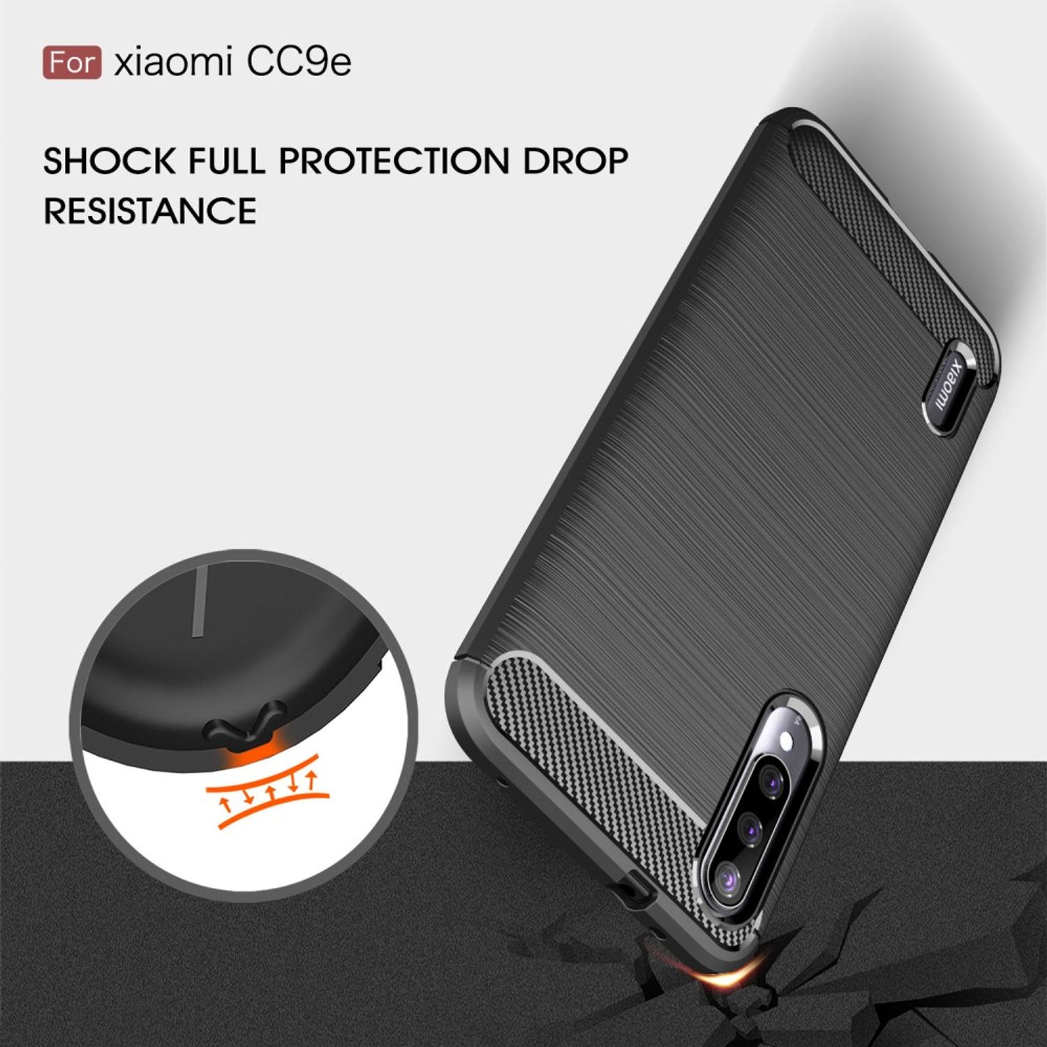 Schwarze Handyhülle für Xiaomi CC9e. Strukturiert mit Kamera- und Carbonfaserakzenten.