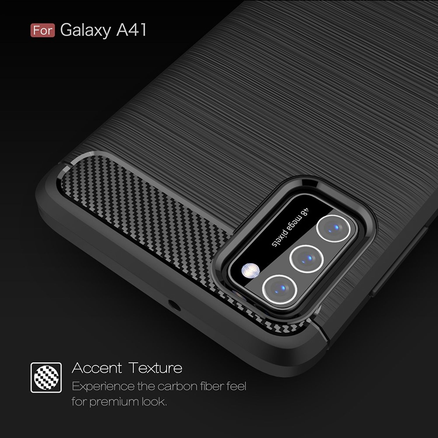Schwarze Handyhülle für Galaxy A41 mit Kohlefasertextur. Kameraschutz ist sichtbar.