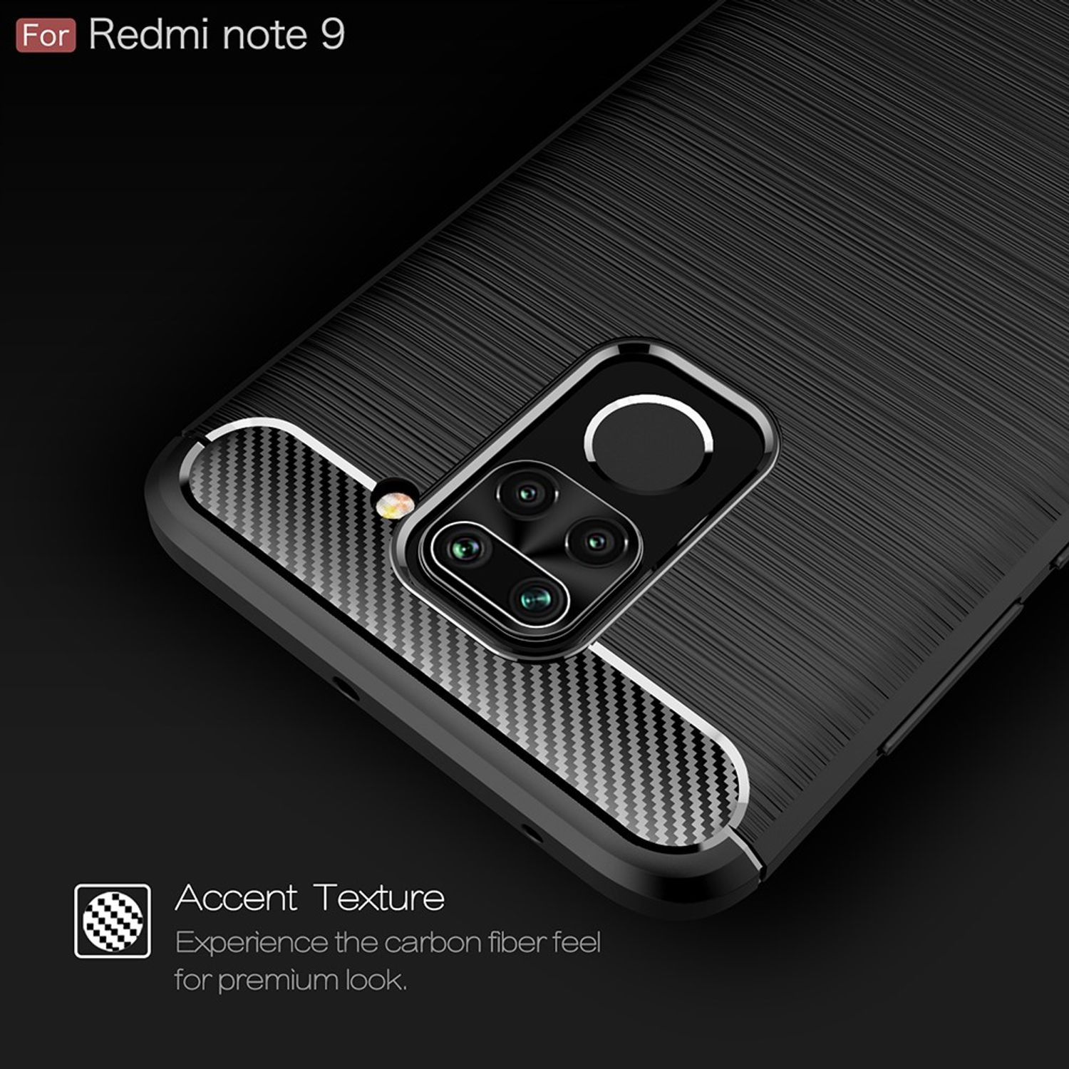 Schwarze Handyhülle mit strukturierter Rückseite. Das Kameramodul ist sichtbar, mit Text Redmi Note 9.
