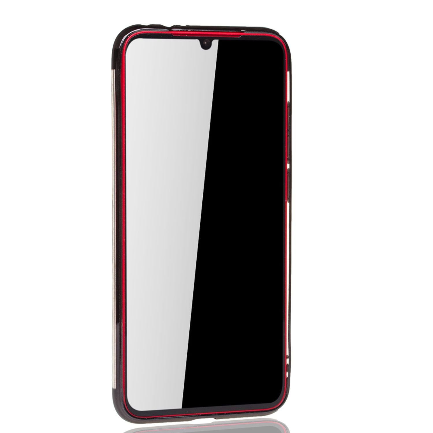 Telefon mit schwarzem Bildschirm und roter Umrandung. Schräge Ansicht, weißer Hintergrund.