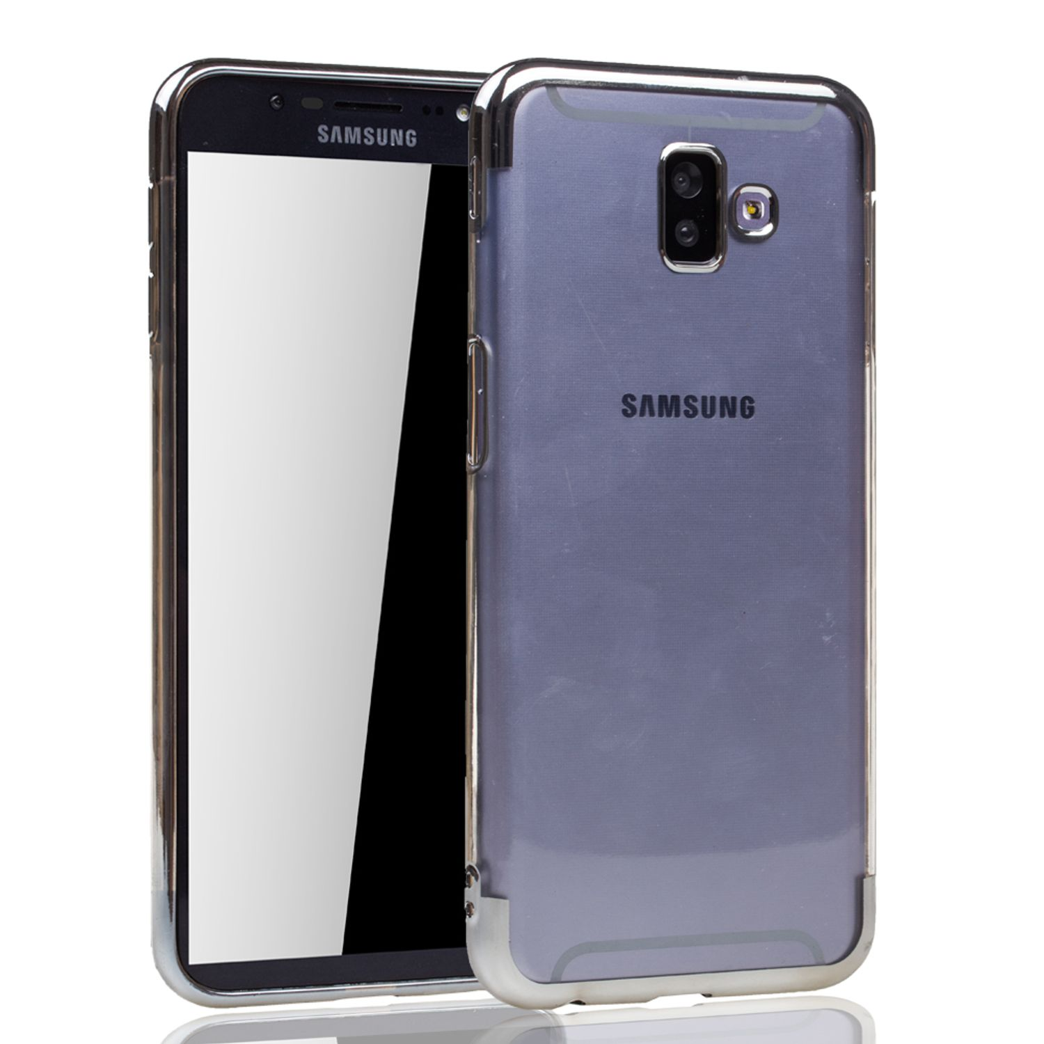 Telefon in klarer Hülle. Samsung-Logo sichtbar. Der Hintergrund ist weiß.