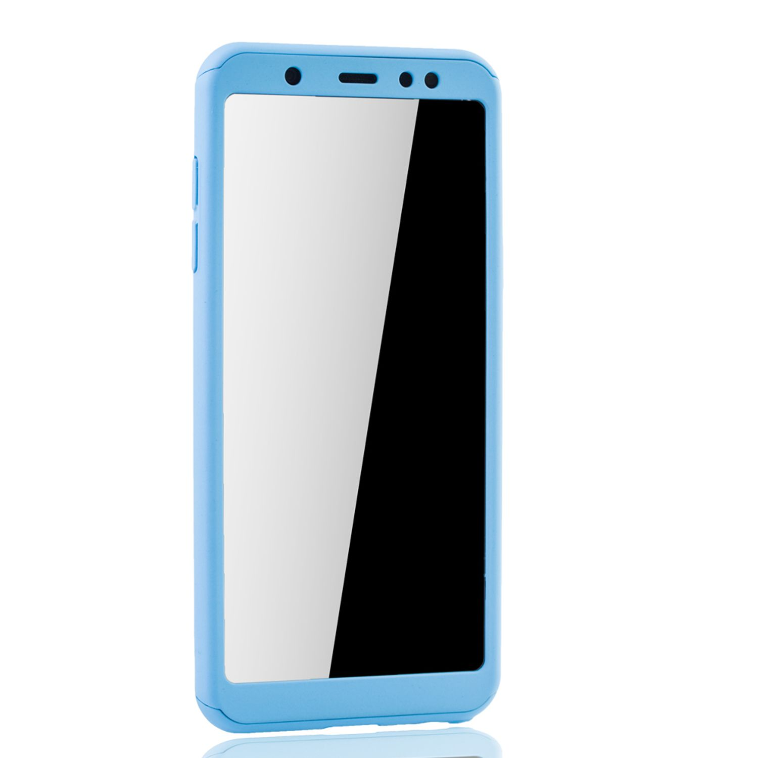 Blaue Handyhülle mit schwarzem Bildschirm. Das Telefon ist von einem blauen Rahmen umgeben. Weißer Hintergrund.