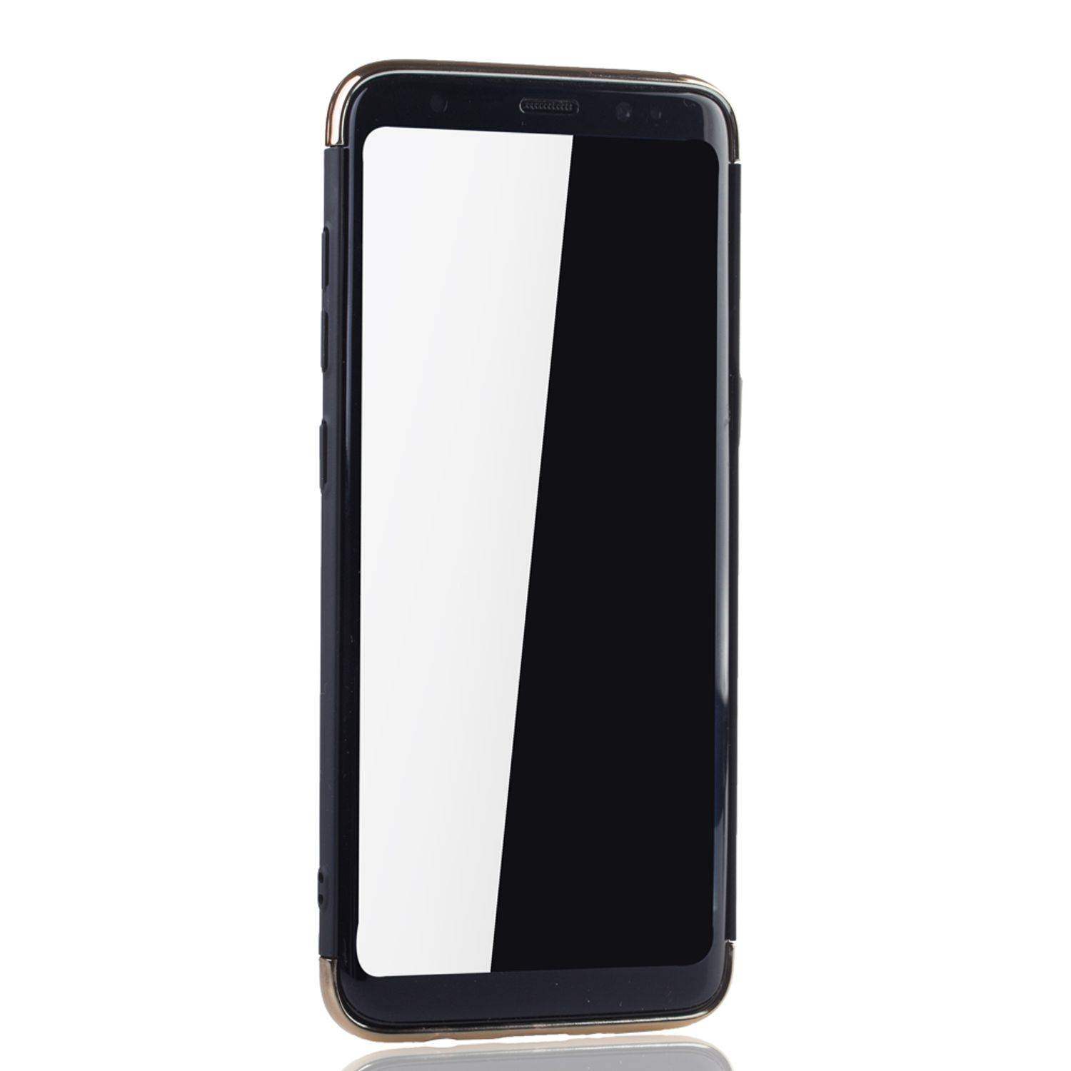 Schwarzes Smartphone mit goldenem Rahmen. Der Bildschirm ist weiß mit Spiegelung.