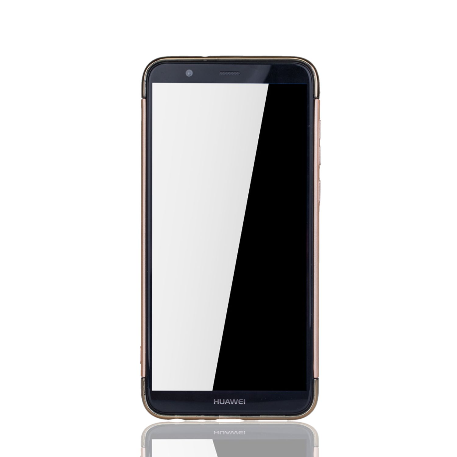 Ein schwarzes Smartphone in einem goldgerahmten Gehäuse mit leerem weißem Bildschirm auf weißem Hintergrund.