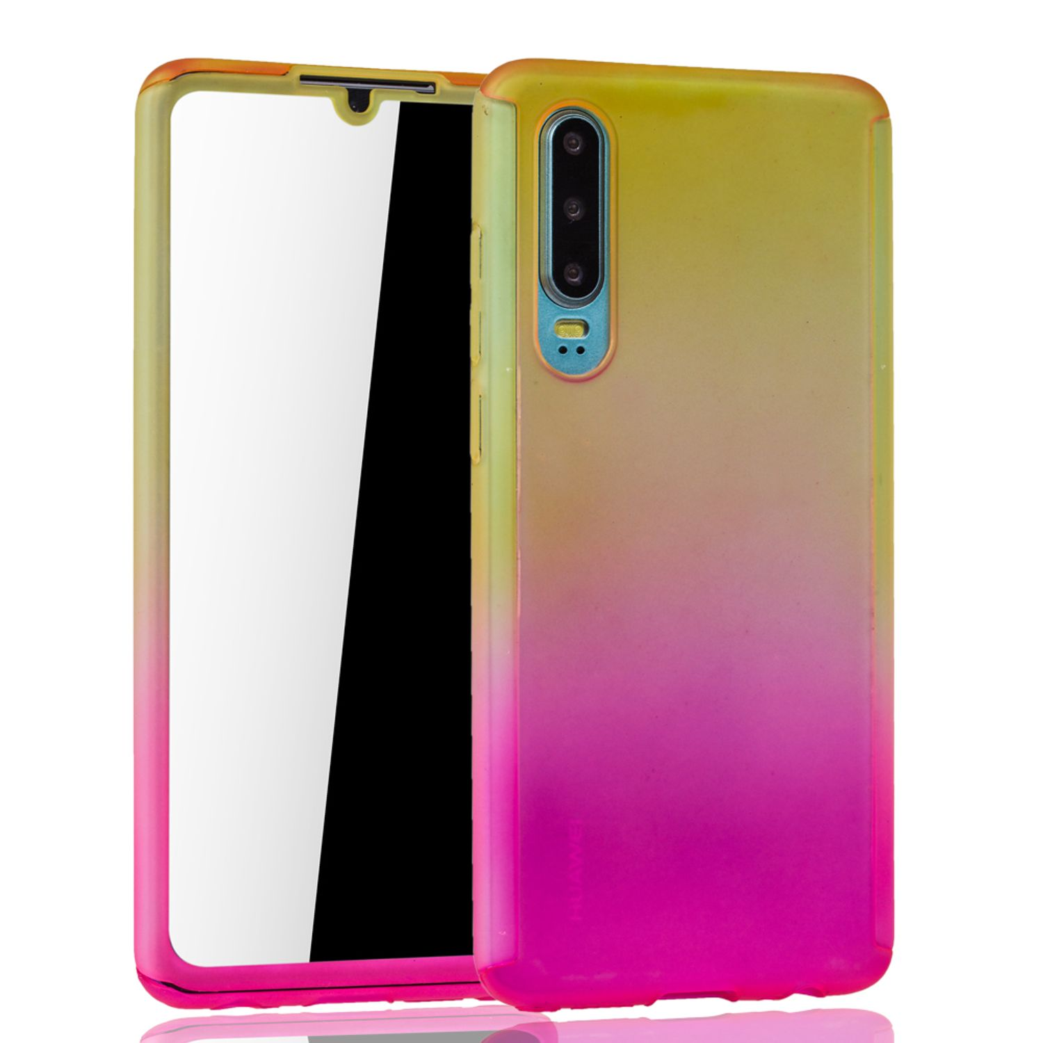 Eine Handyhülle ist geöffnet. Sie ist pink und gelb, mit einem Telefon darin. Weißer Hintergrund.