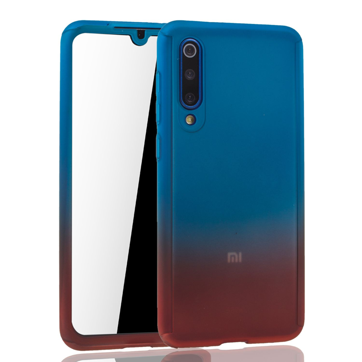 Eine Handyhülle, offen und geschlossen. Die Hülle ist blau und rot. Das Handy ist darin platziert.