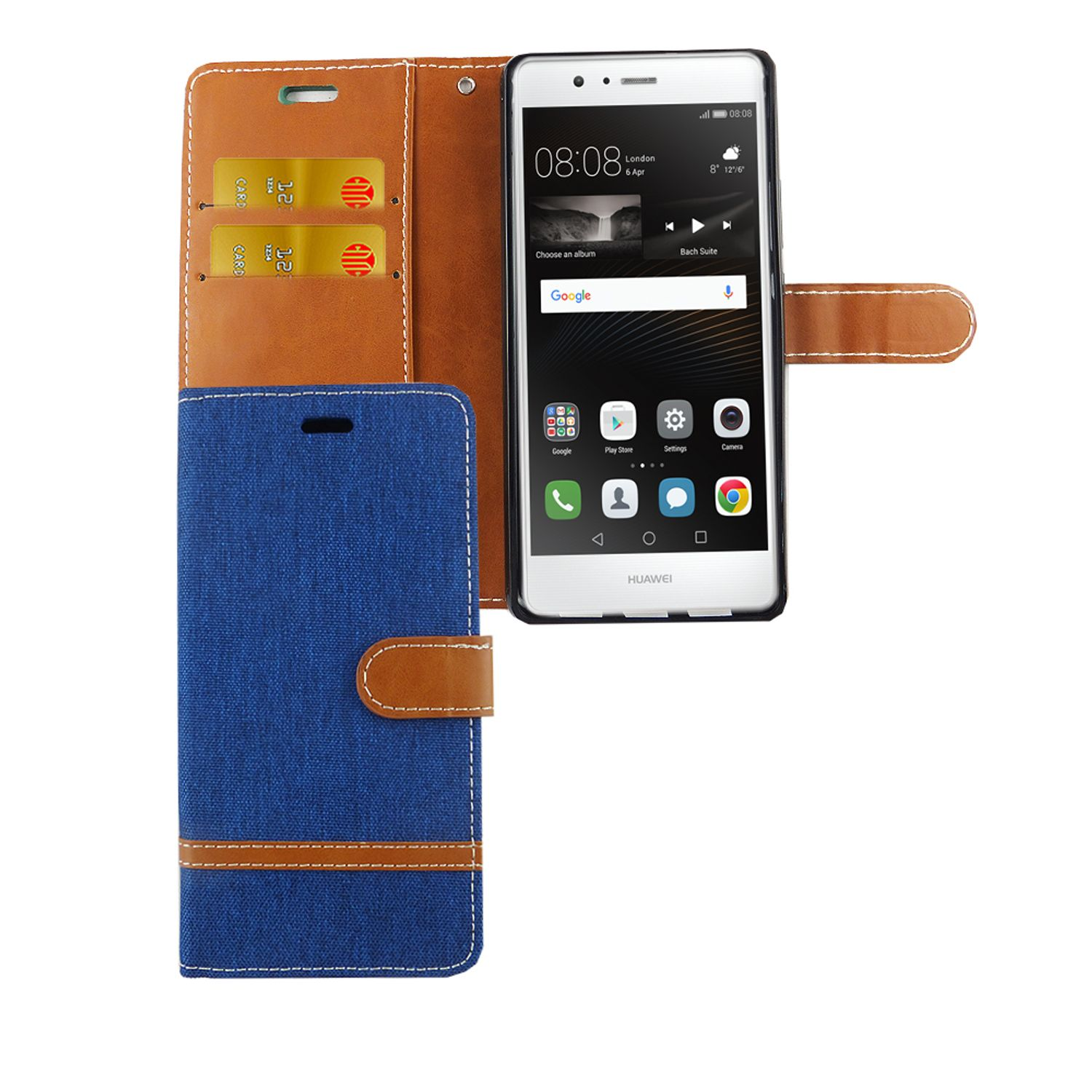 Geöffnete Handyhülle, zeigt Telefon mit Karten und Display.