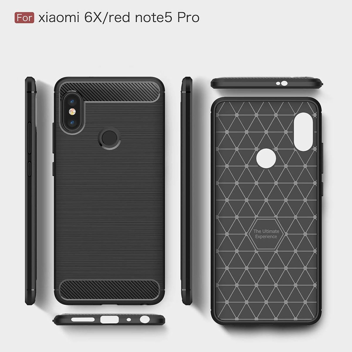 Handyhülle in mehreren Ansichten. Schwarze Hülle mit Gittermuster und Kamera, für Xiaomi 6X/red note5 Pro.