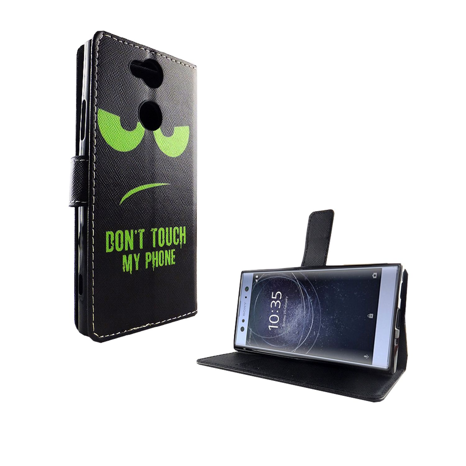 Schwarze Handyhülle mit grünem, wütendem Gesicht und 'DON'T TOUCH MY PHONE'. Telefon ist geöffnet, Bildschirm sichtbar.