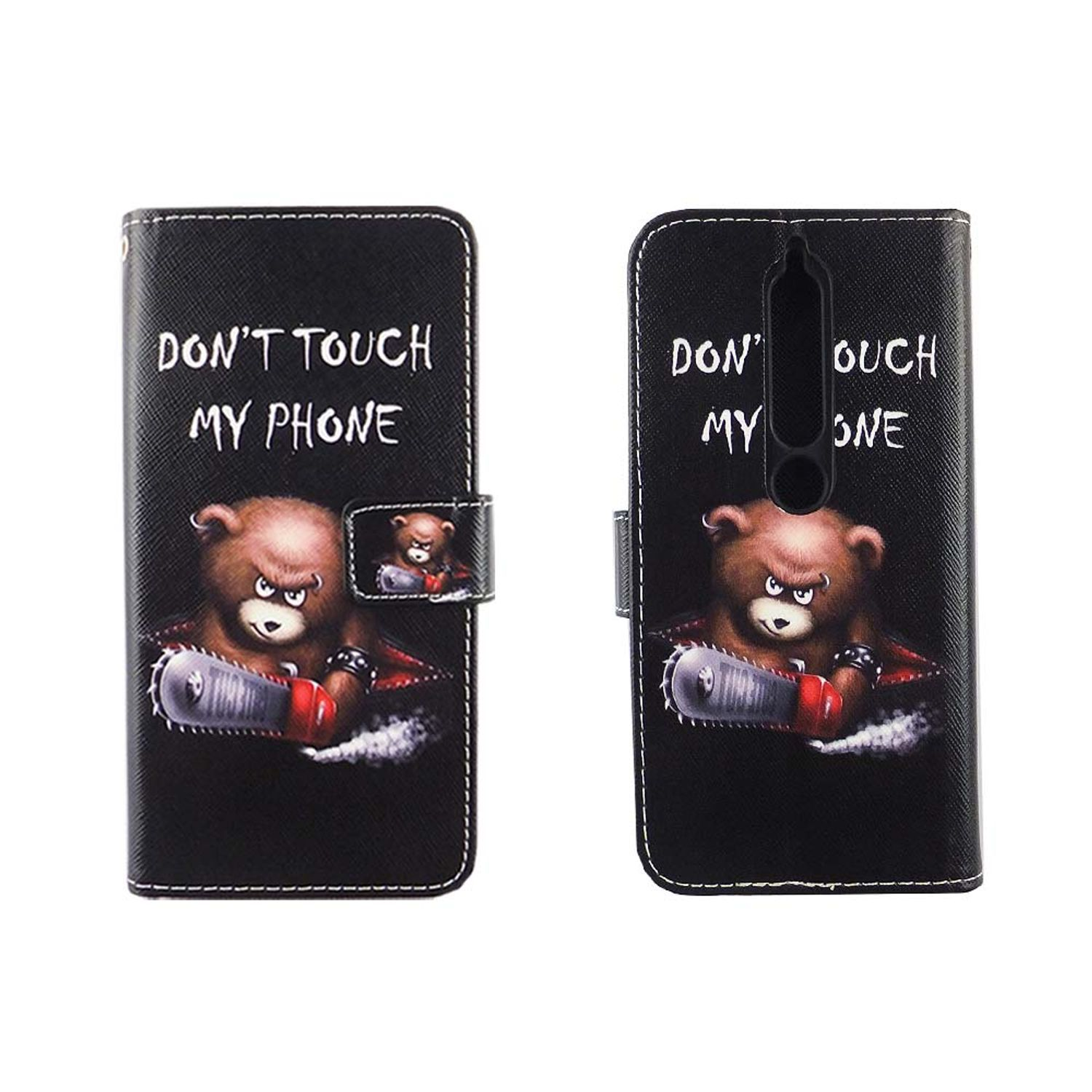 Schwarze Handyhülle mit einem Bären, der eine Kettensäge hält. Text: 'DON'T TOUCH MY PHONE'.