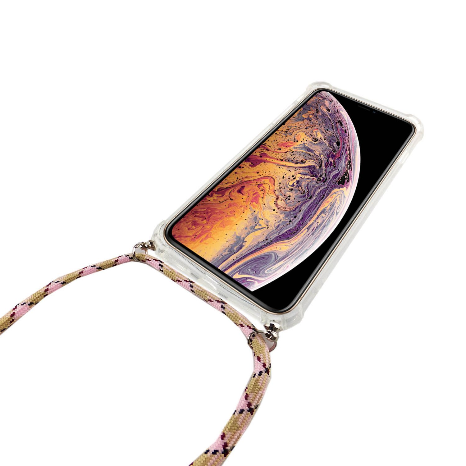 Transparente Handyhülle mit Band. Das Telefon hat ein farbenfrohes Hintergrundbild. Das Band ist rosa und beige.
