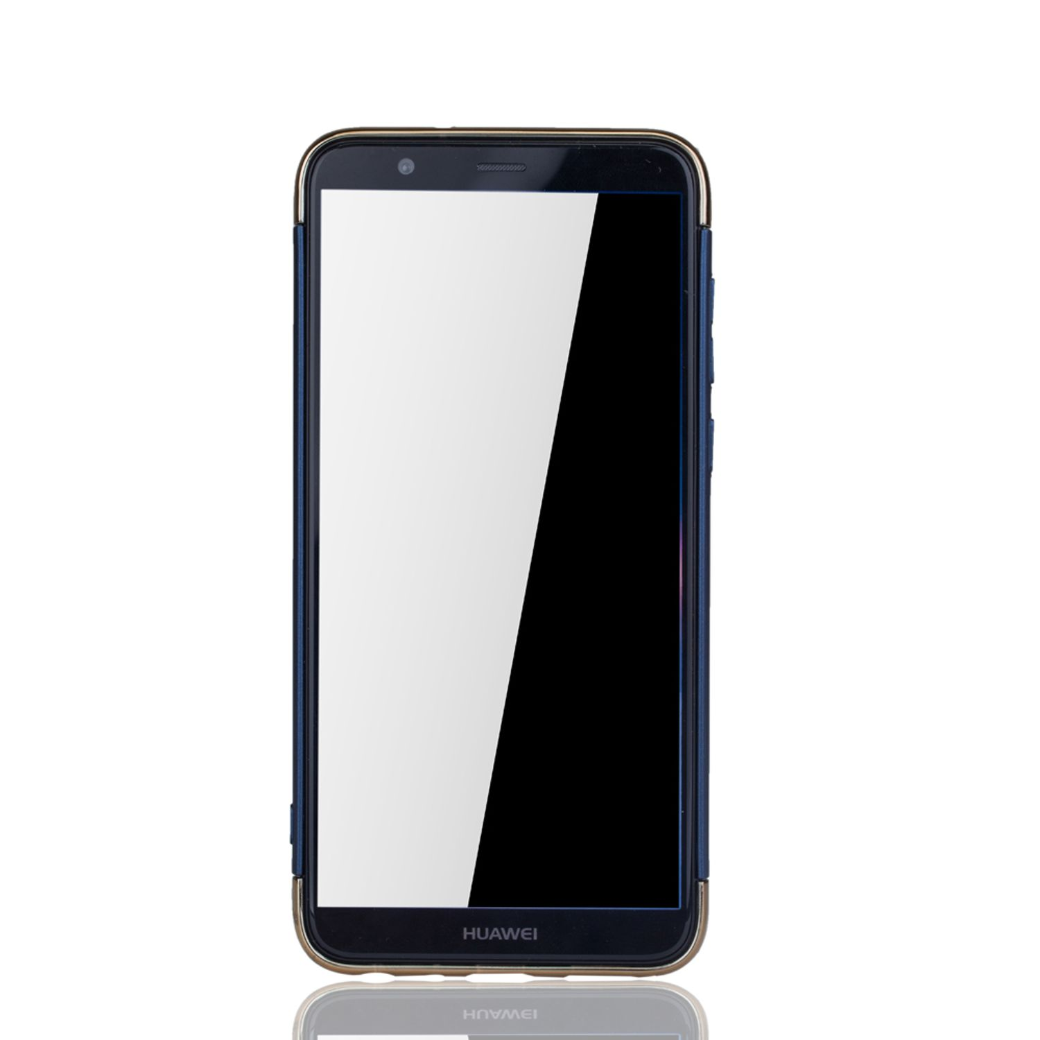 Schwarz-goldene Handyhülle mit Telefon. Der Bildschirm ist schwarz, das Telefon in der Hülle.