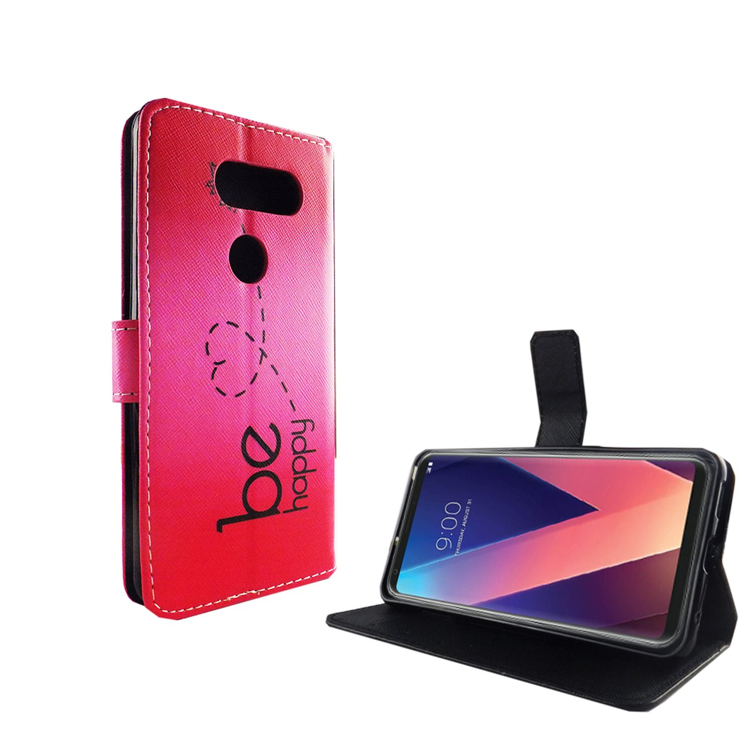 Eine pinke Handyhülle mit Telefon darin. Auf der Hülle steht 'be happy' und hat einen schwarzen Riemen.