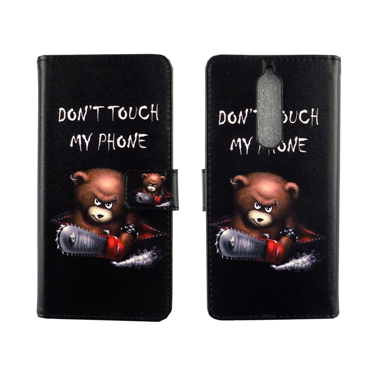 Schwarze Handyhülle mit wütendem Bären mit Kettensäge. Text: „Don't touch my phone“. Geschlossene Hülle.