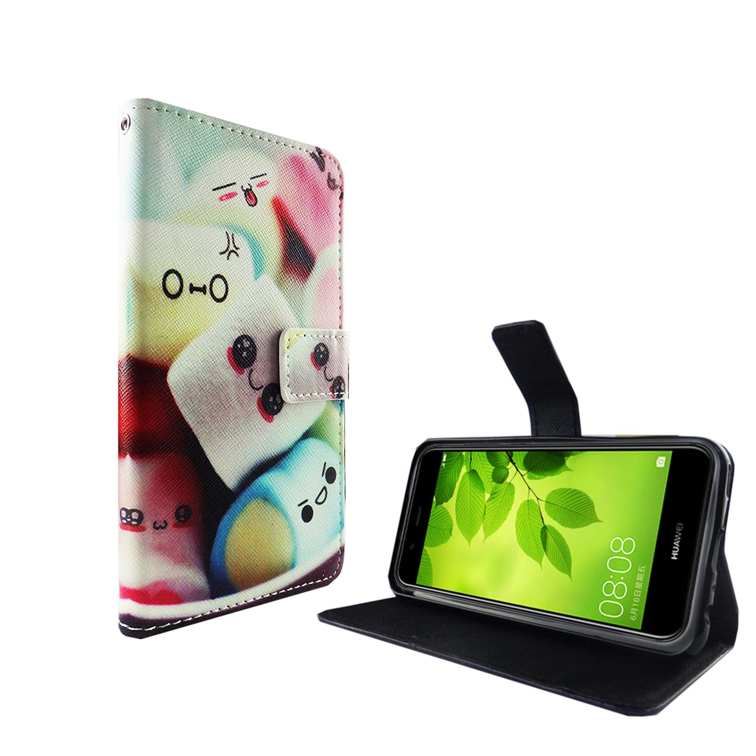 Ein Telefon in einer Hülle mit Cartoon-Marshmallows ist auf weißer Oberfläche geöffnet. Das Telefon zeigt einen grünen Bildschirm.