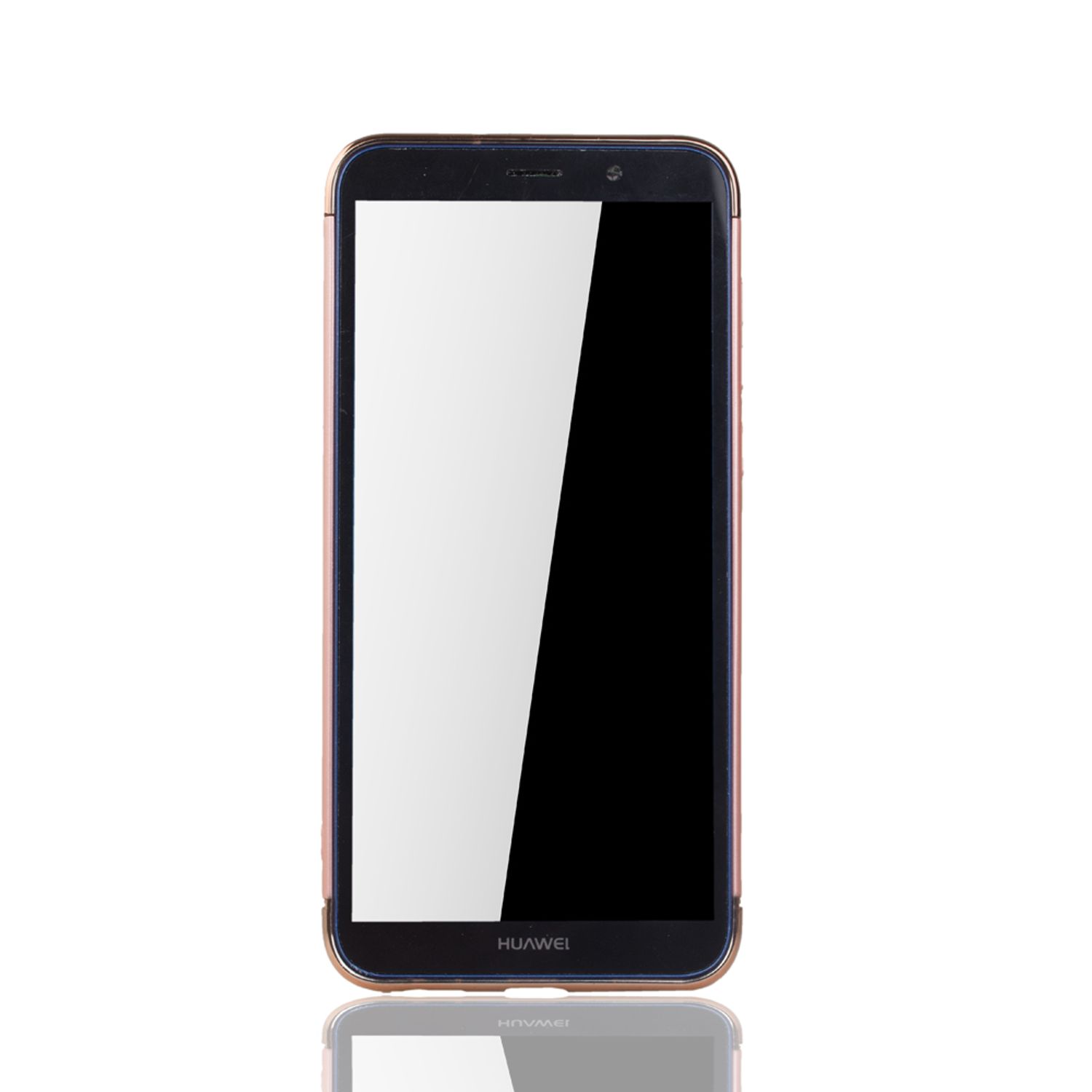 Ein schwarzes Smartphone mit weißem Bildschirm, mit Spiegelung.