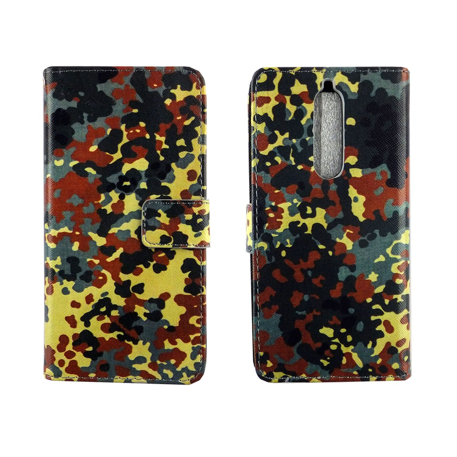 Eine Camouflage-Handyhülle, geöffnet, zeigt ein Telefon. Weißer Hintergrund, mit Knopfverschluss.