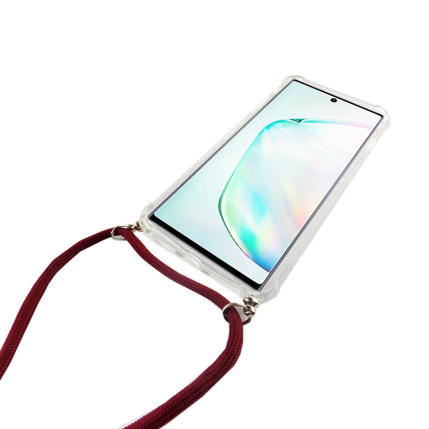 Transparente Handyhülle mit Lanyard. Das Telefon ist abgewinkelt, vor weißem Hintergrund.
