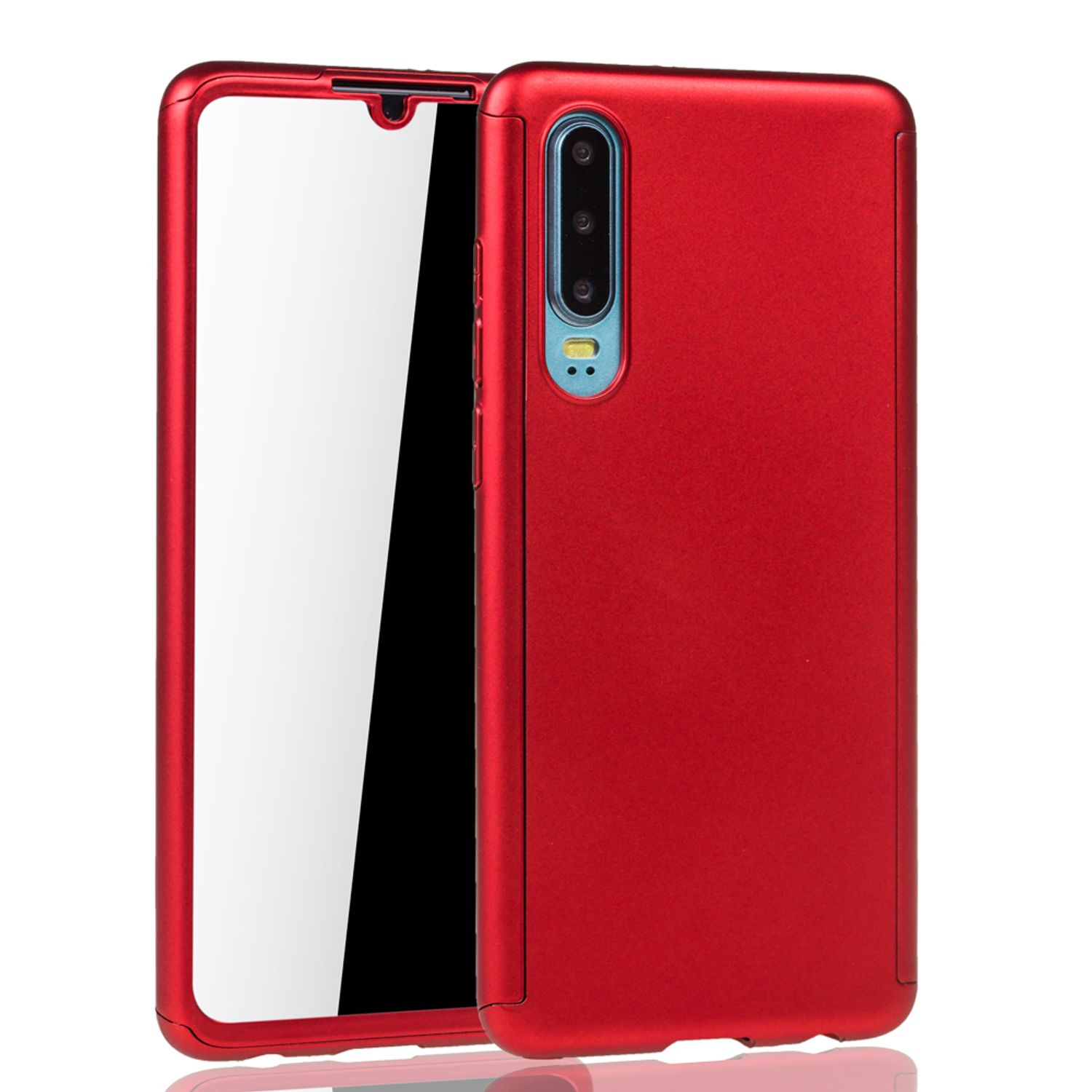 Rote Handyhülle mit Telefon an der Seite. Der Hintergrund ist eine weiße Oberfläche.