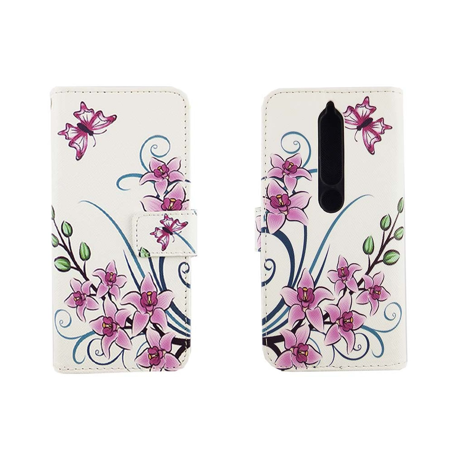 Weißes Handycase mit lila Blumendesign und Schmetterlingen. Offene und geschlossene Ansicht.