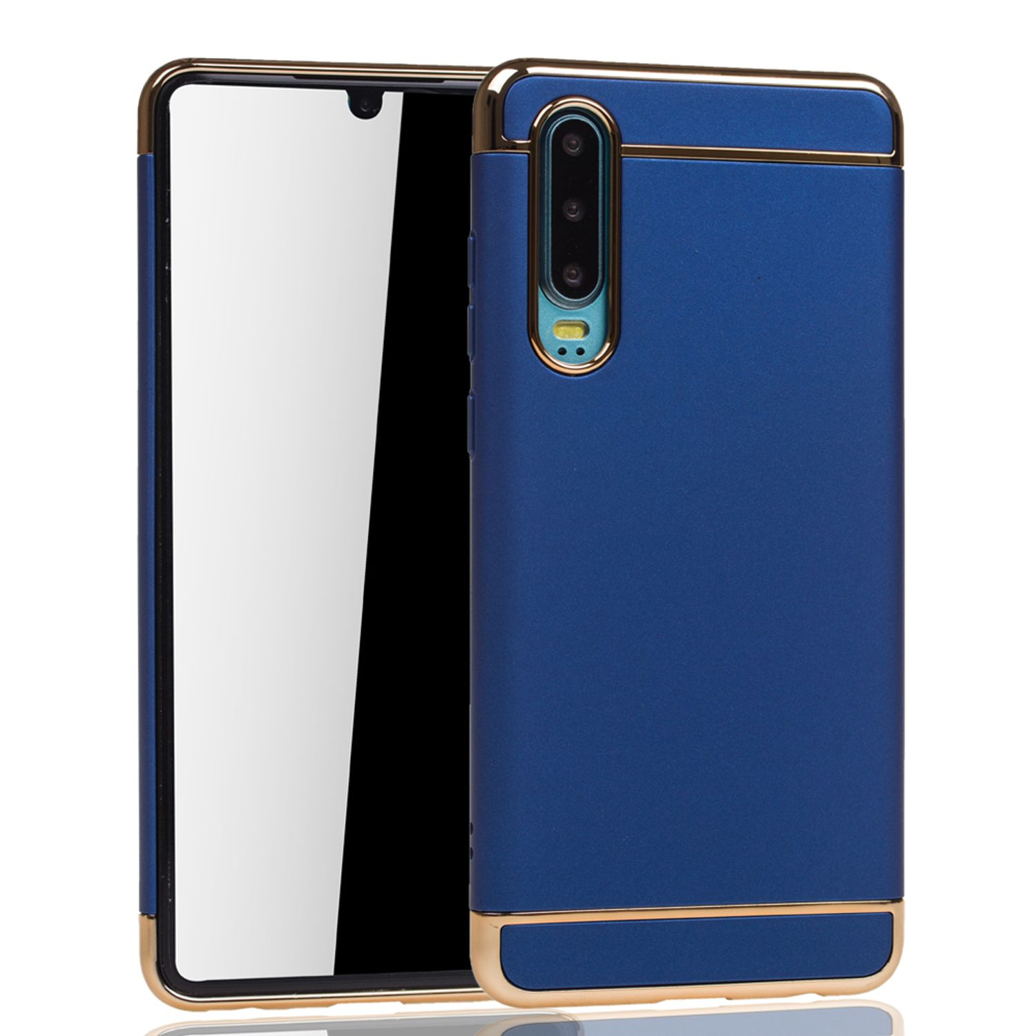 Blaue und goldene Handyhülle mit einem Telefon darin. Weißer Hintergrund.