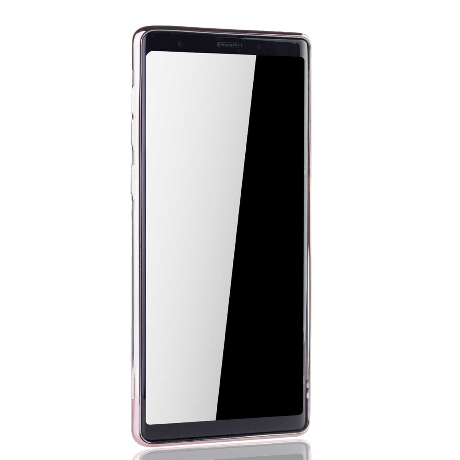 Rosa gerahmtes Telefon, Bildschirm an, weißer Hintergrund.