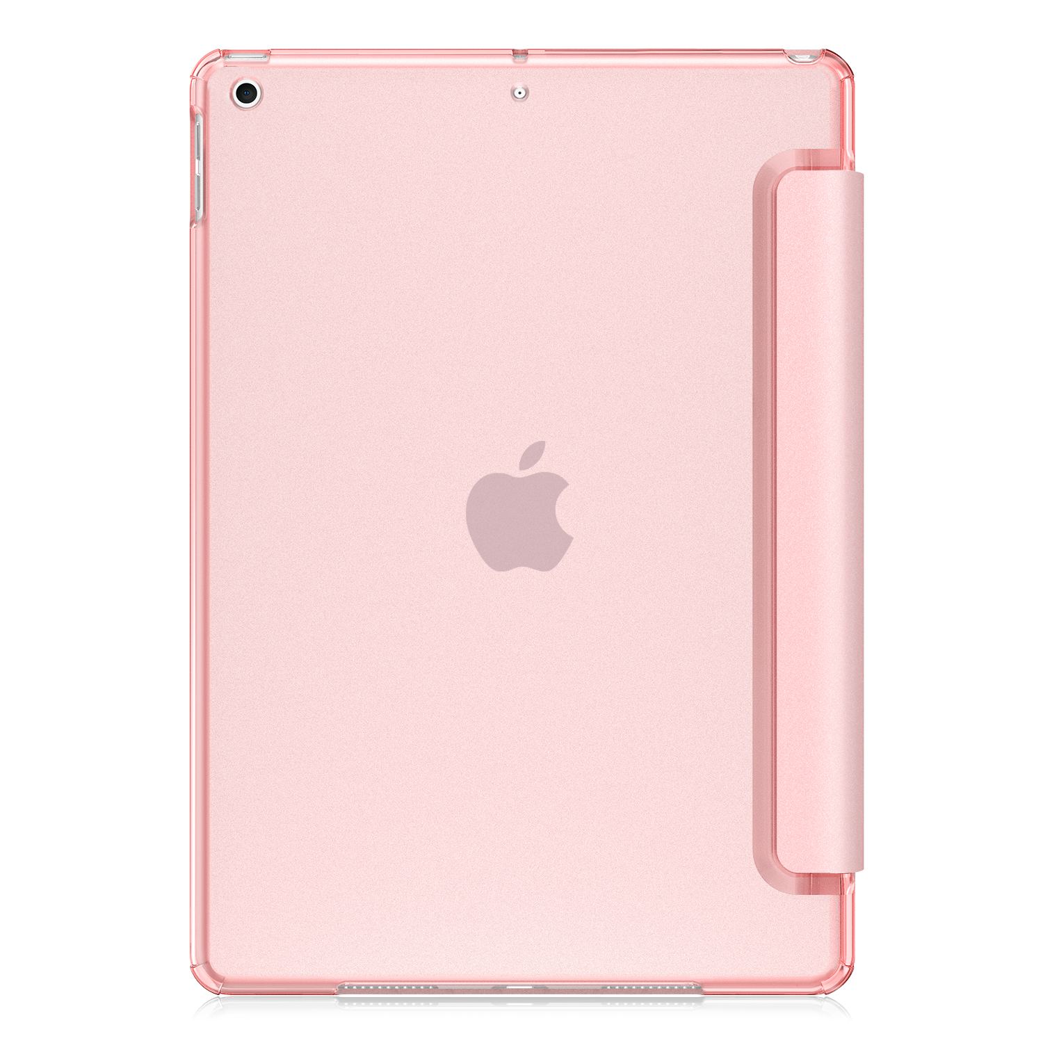 Ein rosa Tablet in einer transparenten Hülle mit einem rosa Ständer, mit sichtbarem Apple-Logo.