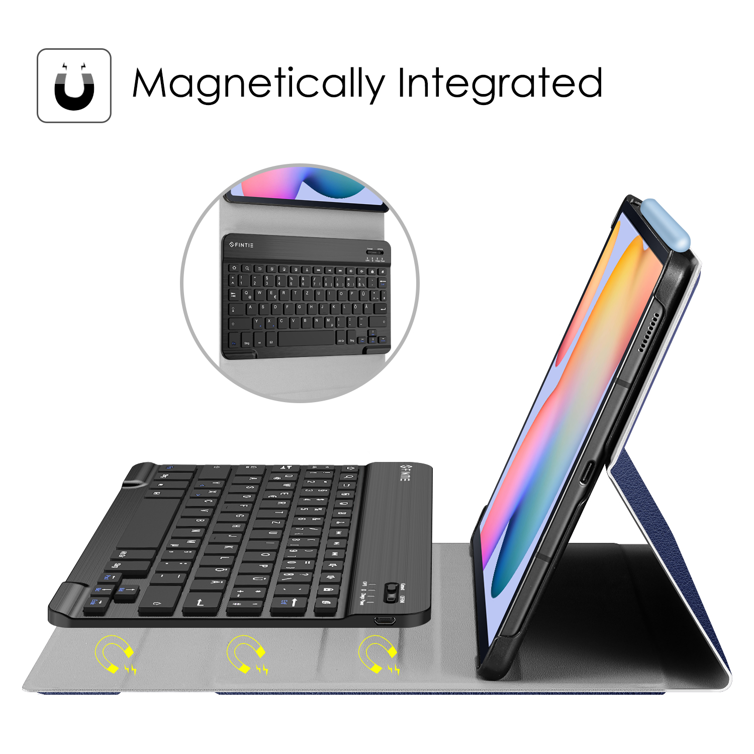 Tablet- und Tastaturhülle, Tablet aufgestellt. Die Hülle ist magnetisch integriert.