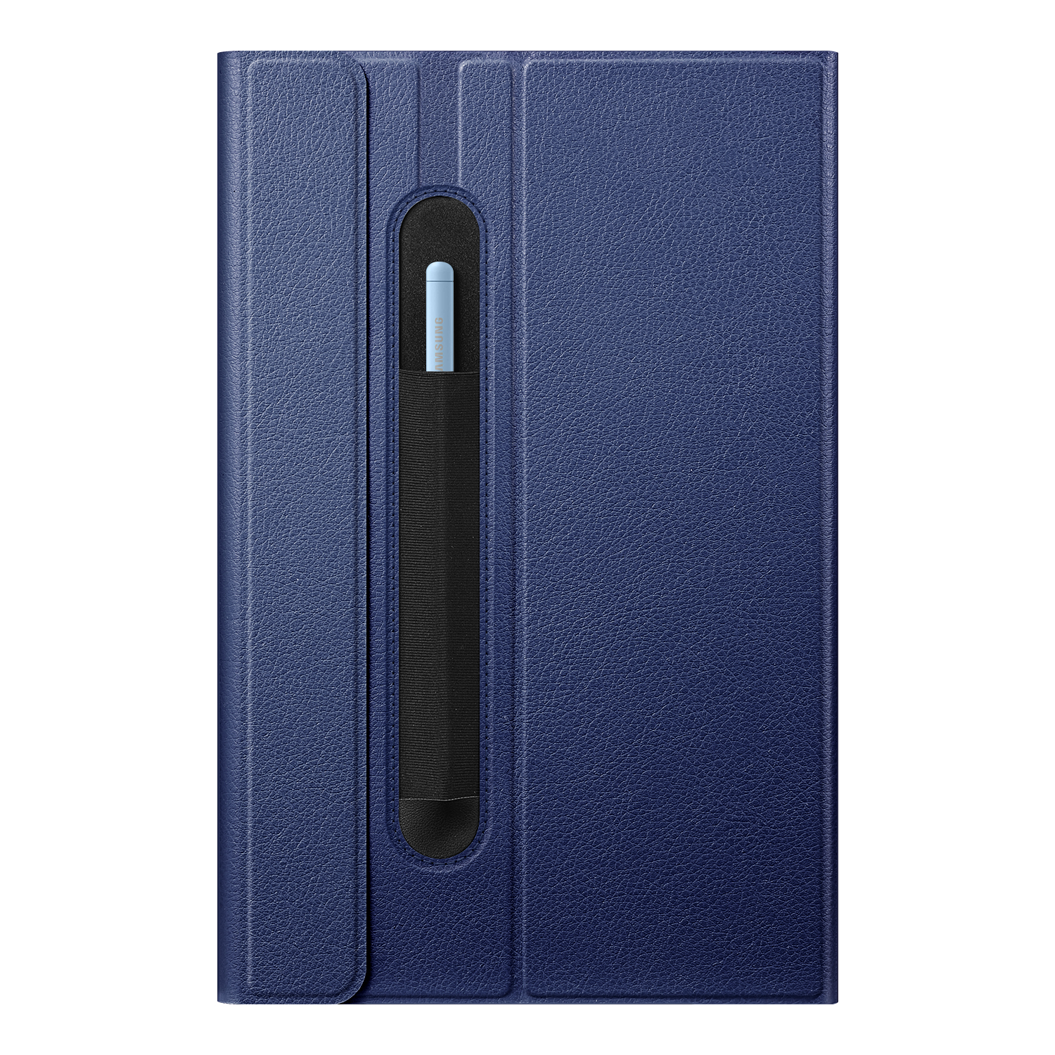 Blaue Tablethülle mit Stifthalter. Weißer Hintergrund.