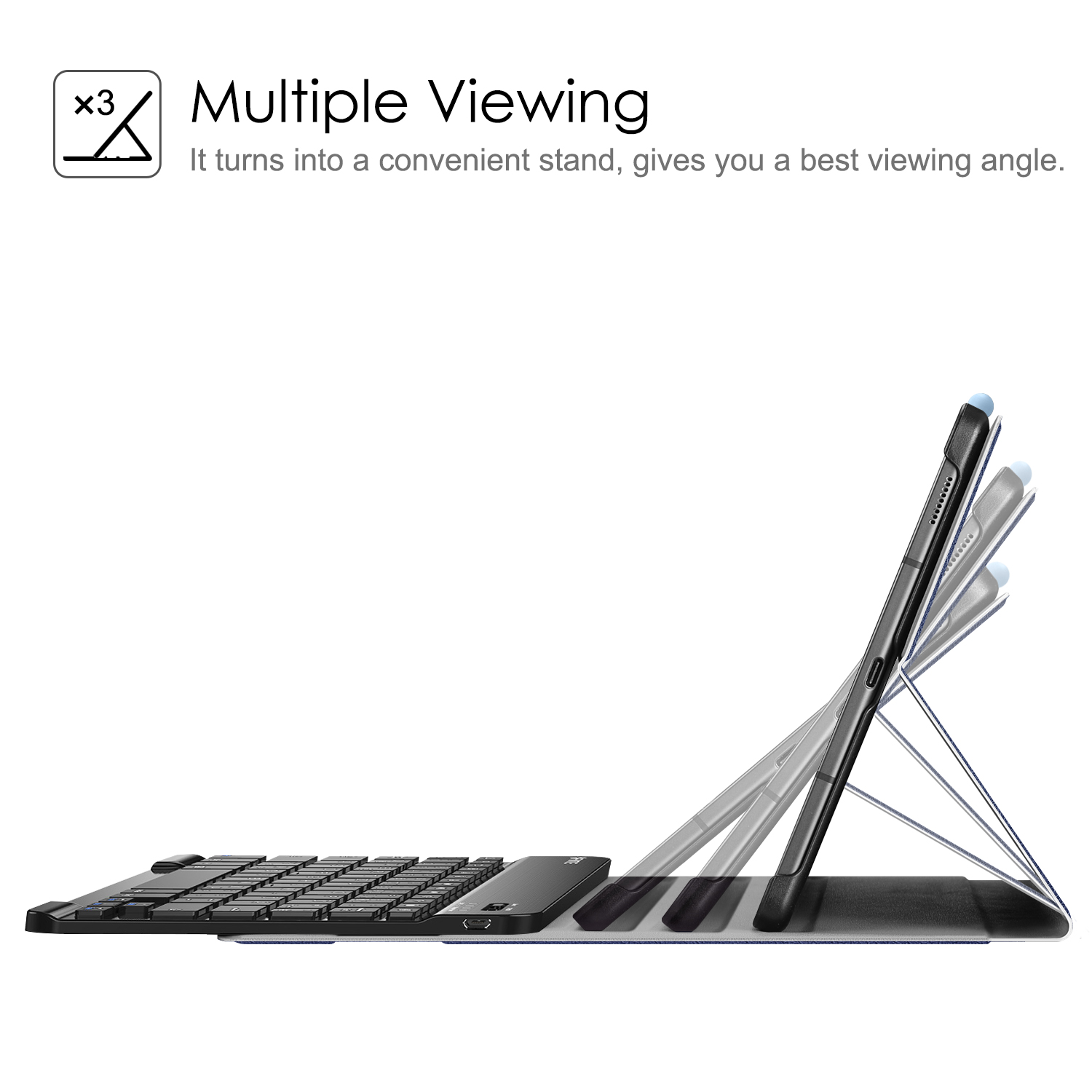 Ein Tablet mit Tastatur in verschiedenen Betrachtungswinkeln. Text: Multiple Viewing.